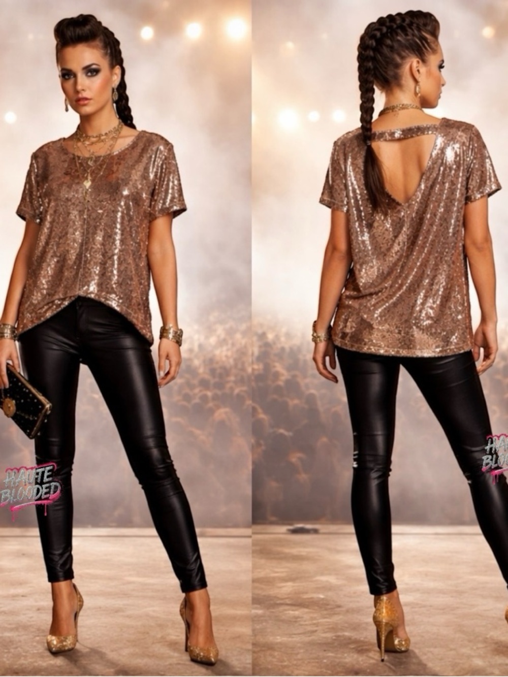 Altar'd State Blouse Sequin Gold Cut Out Back Glam Luxe Party Festival Club Boho
